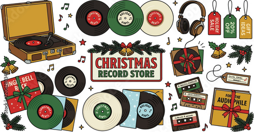 Set of christmas record store elements vinyl music records and holiday audio equipment with holiday theme music shop music collection vintage records holiday gifts music player record album