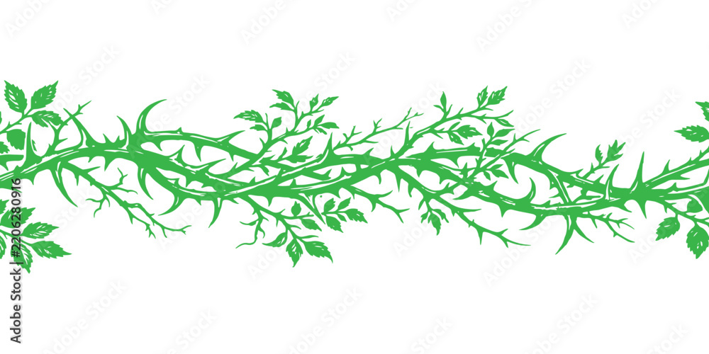 Fototapeta premium Green thorn vine seamless horizontal border pattern illustration with sharp leaves and stems vector illustration.