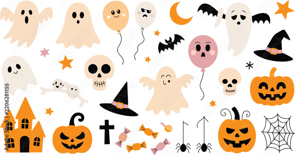 Obraz premium Cute Halloween Clipart Set with Ghosts Pumpkins and Haunted House in Vector Design and Illustration Style