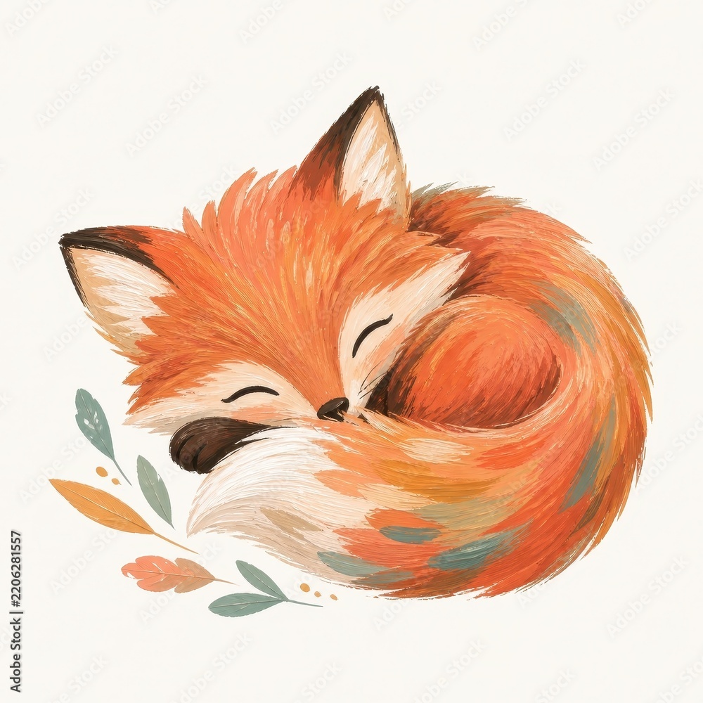 Obraz premium Sleeping fox watercolor illustration with autumn leaves