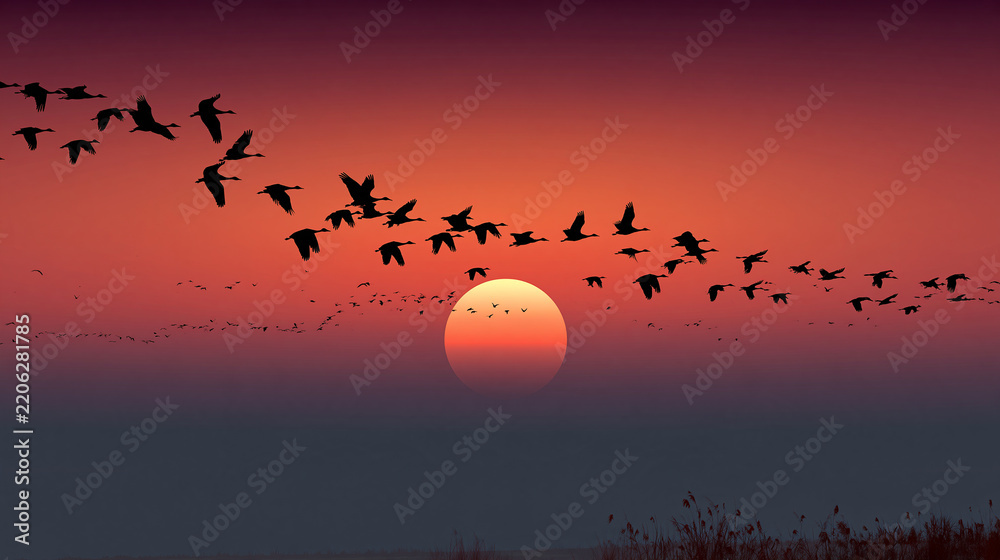 Obraz premium Solid black silhouettes of a large flock of migrating birds flying across a red and orange sunset sky above a large setting sun and marsh reeds
