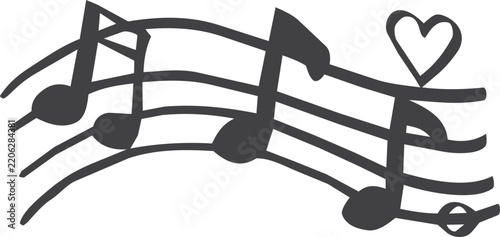 Hand drawn music doodle set with musical notes, treble clef, headphones, microphone, guitar, piano, speaker and vinyl record. Cute music line art for creative designs.