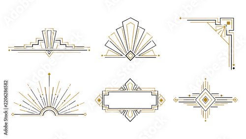 Six elegant Art Deco gold and black ornamental frames, corners, dividers and sunburst emblems