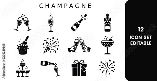 Champagne celebration icons set for new year or anniversary party with editable vector elements