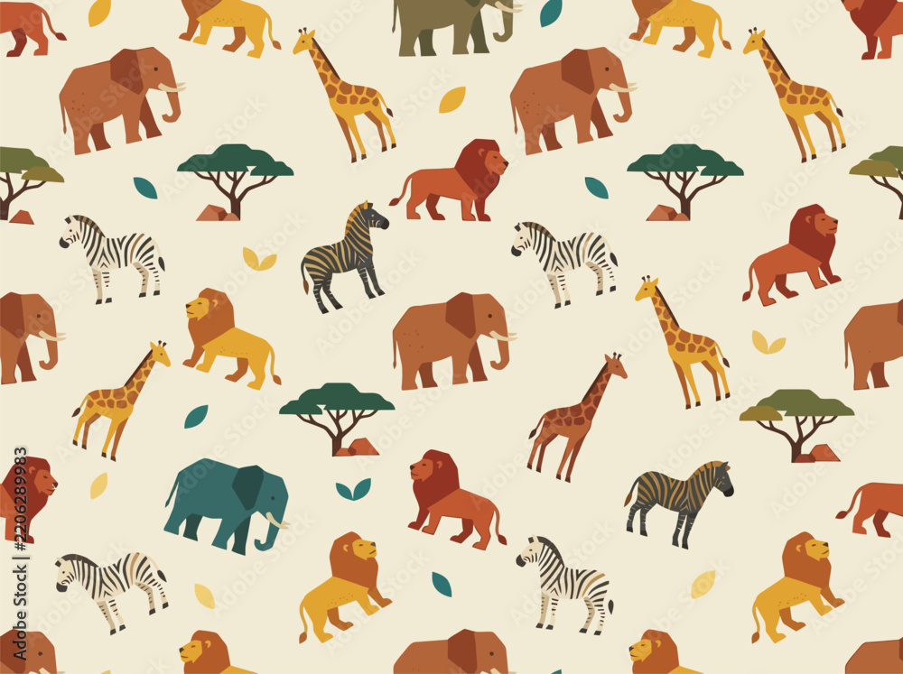 Obraz premium African Safari Seamless Pattern with Elephant, Lion, and Zebra Vector Illustration