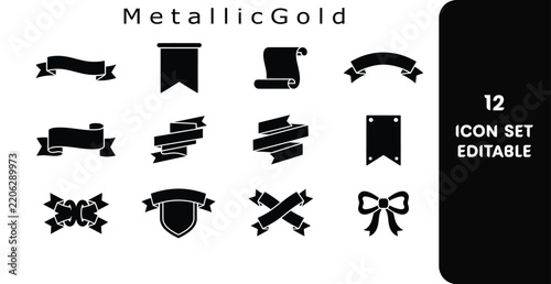 Metallic gold decorative ribbon and badge icons set for celebration events with editable vector elements