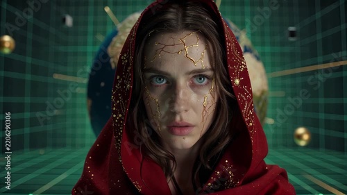 A woman with cracked golden facial markings against a digital globe backdrop, evoking themes of environmental collapse and techno-dystopian prophecy.