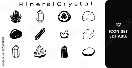 Mineral crystal icon set with editable vector elements for infographic and branding designs
