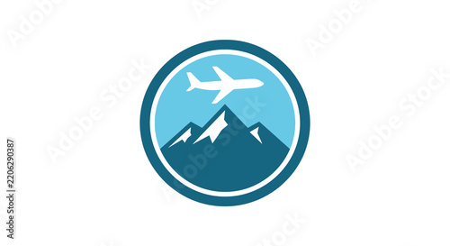 Vector illustration of airplane over mountain logo with blue and white colors