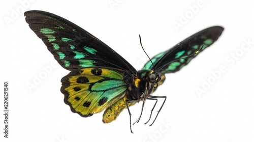 Cairns Birdwing butterfly with open wings is isolated against a clean white background.