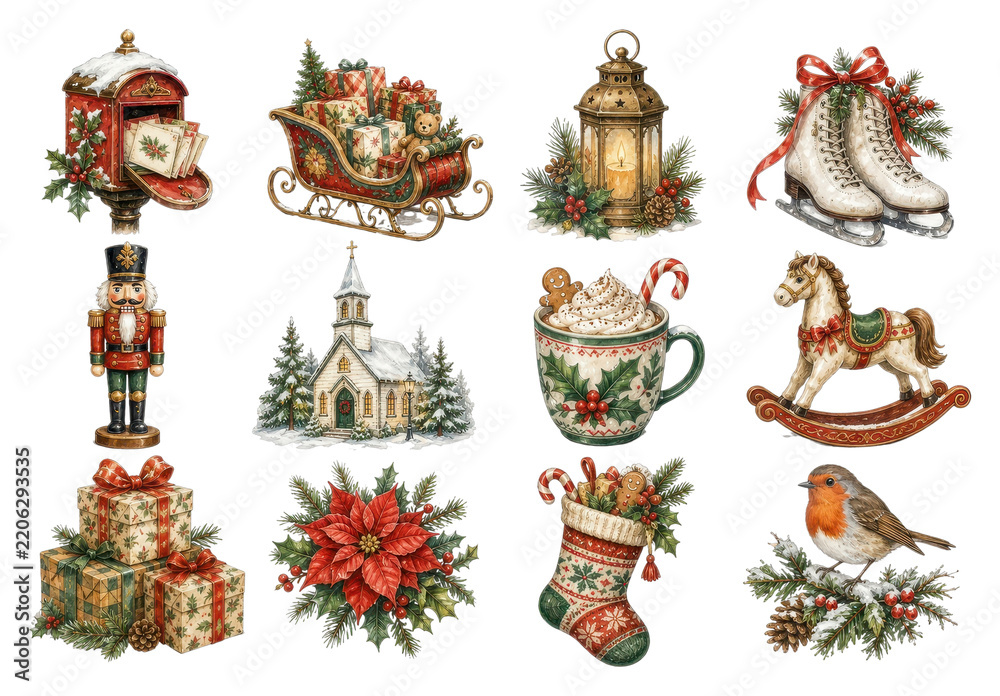 Obraz premium PNG Vintage Christmas clipart set with festive holiday decorations