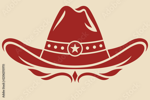 Vintage red cowboy hat icon with star emblem and decorative flourishes for western theme clothing design.