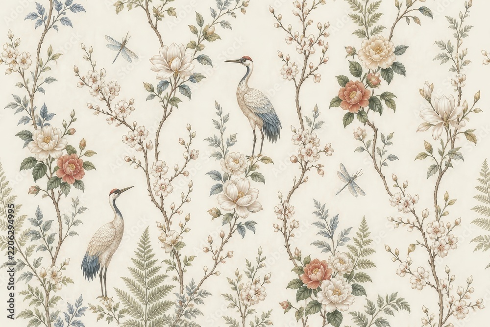 Obraz premium Vintage botanical pattern with cranes, flowers, foliage, and dragonflies