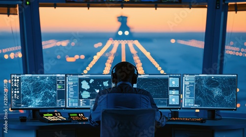 A modern airport control tower interior glows at dawn as an air traffic controller monitors radar screens. This premium aviation photo highlights technology and precision.