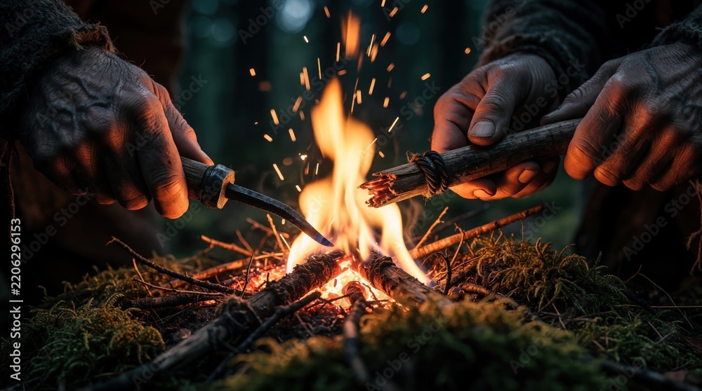 Naklejka premium Hands use flint, steel to start fire. Sparks fly from metal tool onto dry tinder bundle. Primitive survival skill practiced in dark forest. Outdoor camping activity during cold night in wild nature