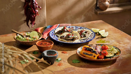 Mexican food spread with tacos guacamole and grilled vegetables on rustic table