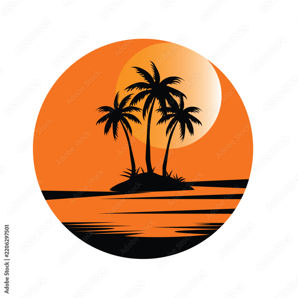 Fototapeta premium Tropical island silhouette with palm trees against a sunset circle background for summer travel design