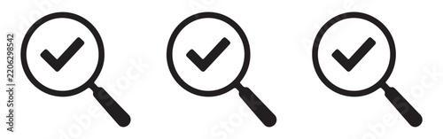 Magnifying glass with check mark icons set for search result validation and data analysis.
