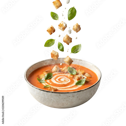 Tomato soup in a rustic bowl with falling croutons and fresh basil leaves isolated on transparent background