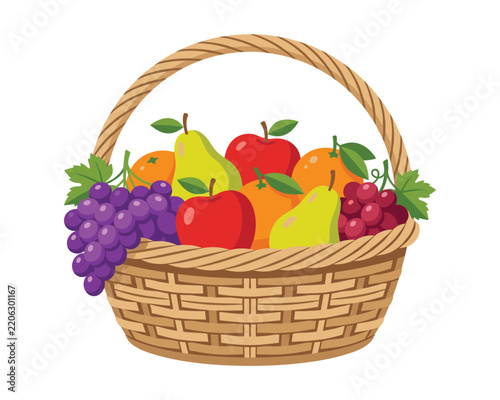 Fresh fruit basket with apples pears oranges and grapes vector illustration.
