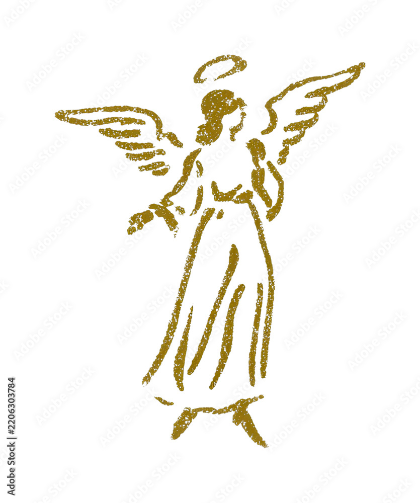 Obraz premium PNG Golden sketch of an angelic female figure with wings and halo
