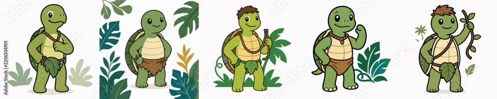 Obraz premium Set of vector illustrations of a cute turtle standing and posing in a jungle Tarzan costume.