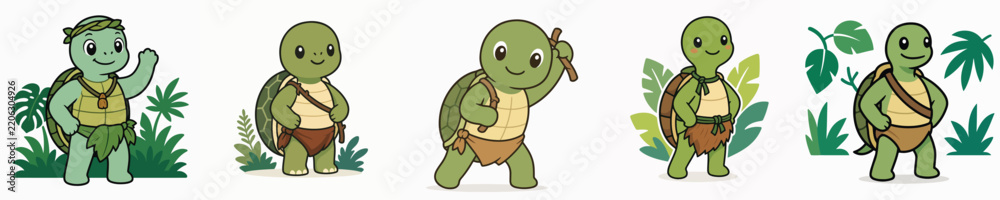 Obraz premium Set of vector illustrations of a cute turtle standing and posing in a jungle Tarzan costume.