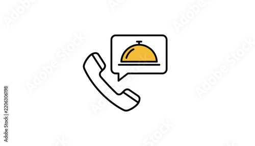 Room service icon featuring a telephone handset and a food platter bell inside a speech bubble for hotel hospitality services.