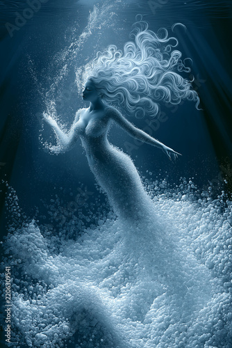 Tragic Mermaid Transforming into Delicate Sea Foam Underwater