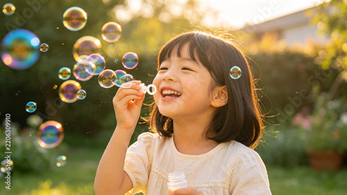 Little Asian Girl Blowing Soap Bubbles in Sunny Flower Garden