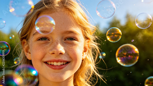 Smiling Freckled Girl Surrounded by Floating Soap Bubbles Outdoors