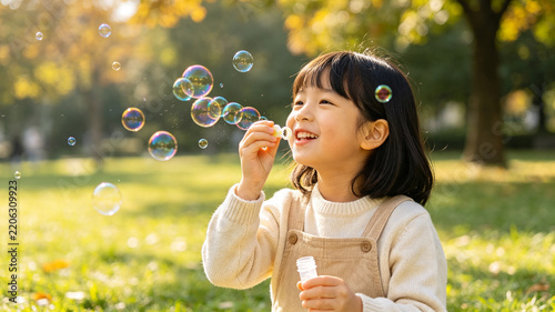 Little Girl Blowing Soap Bubbles in Green Summer Park
