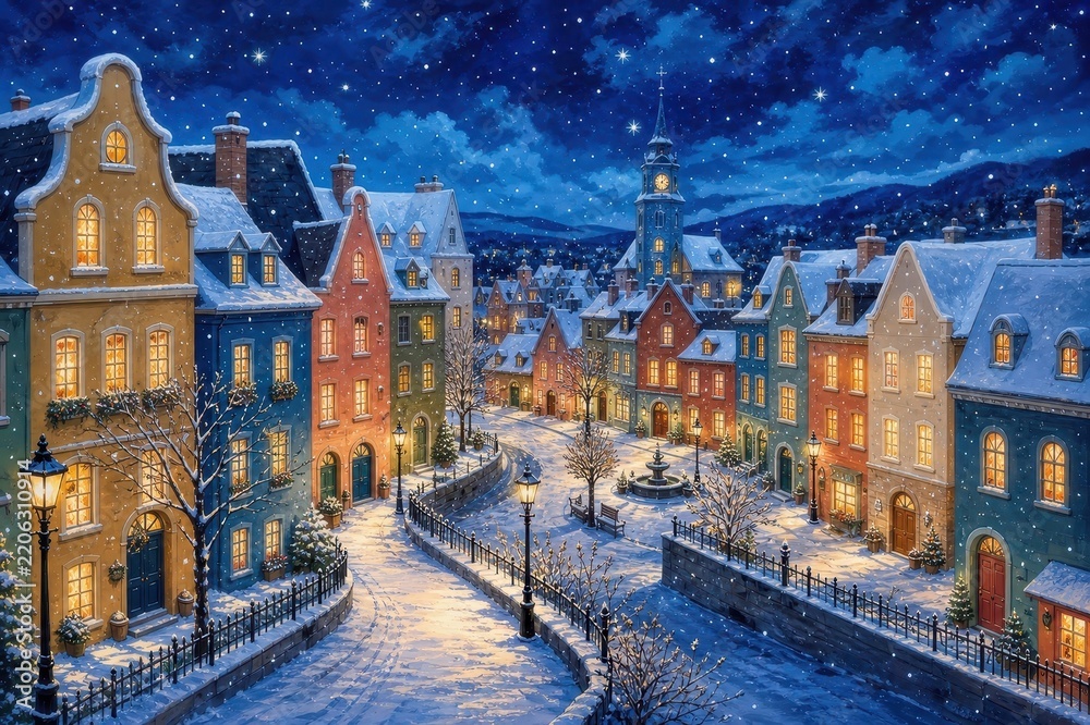 Obraz premium Enchanting snowy village street beneath a starry winter sky