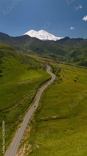 Aerial view of the road to Mount Elbrus. Landscape and nature of the North Caucasus.