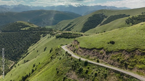Aerial view of a mountain road; landscape and nature of the North Caucasus.