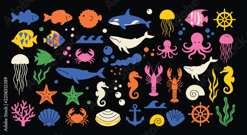 Colorful marine life icons set featuring sea animals and nautical elements on black background