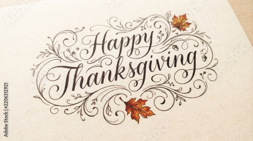 A beautifully decorated thanksgiving greeting with flourishes and autumnal leaf accents