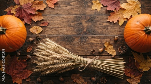 A warm and festive thanksgiving still life with pumpkins wheat and autumn leaves