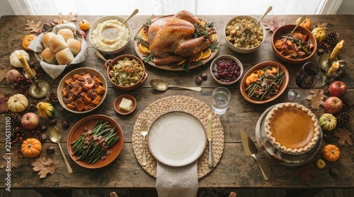 A festive thanksgiving feast a beautiful overhead view of traditional holiday dishes and decorations