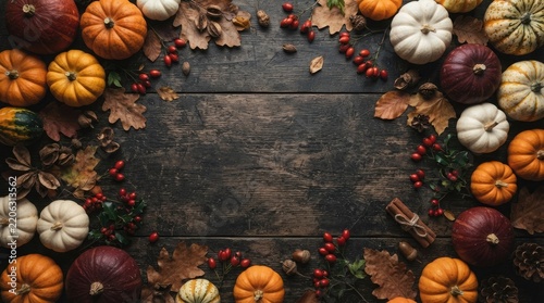 A beautiful and festive thanksgiving flat lay featuring pumpkins gourds and autumn leaves