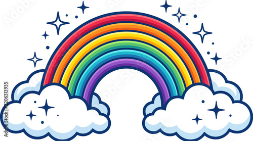 Colorful rainbow illustration with fluffy white clouds and sparkling stars on white background