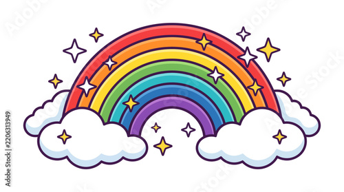 Colorful rainbow illustration with fluffy white clouds and sparkling stars on isolated background
