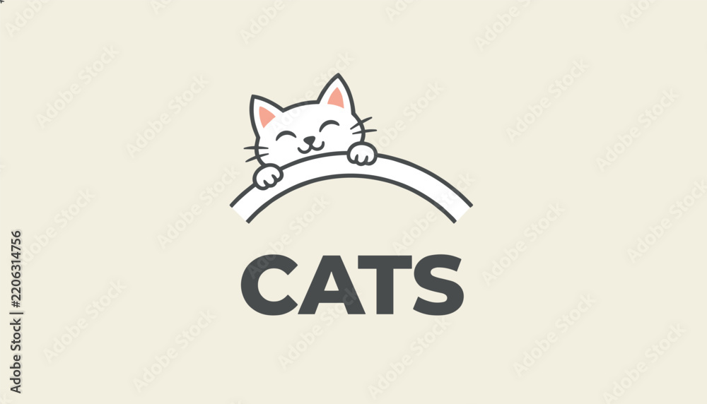 Obraz premium Cute cartoon illustration of a smiling white cat peeking over a curved border with the text cats below.