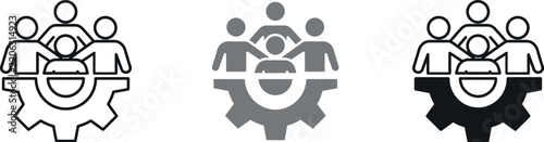 Teamwork and gears icon set in line filled and black styles on a white background