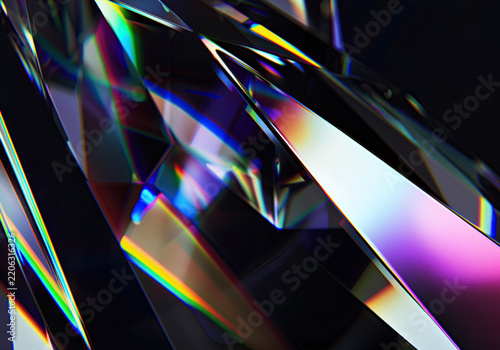 Abstract geometric crystal prisms reflecting vivid light beams and color spectrums on a dark background with prism light beam multi colored