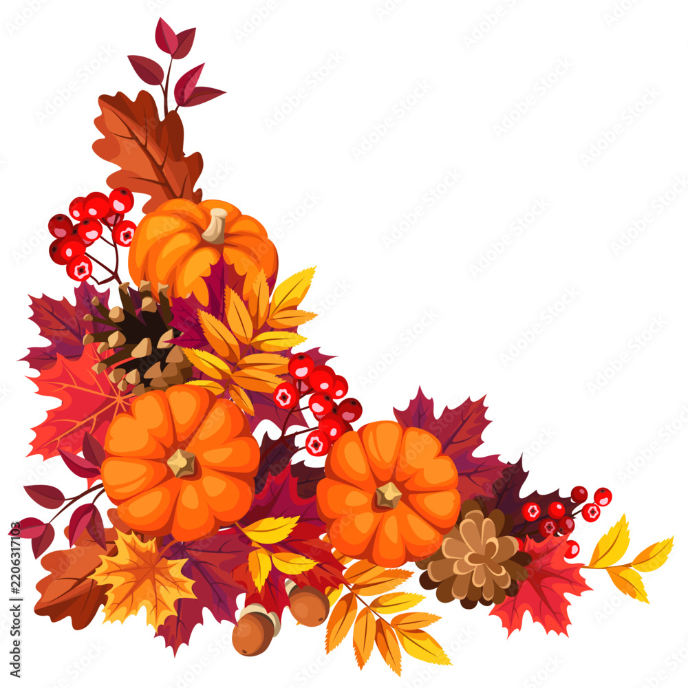 Obraz premium Autumn corner frame with orange, red, purple, and yellow autumn leaves, orange pumpkins, pine cones, and rowanberries. Vector fall leaves corner design element