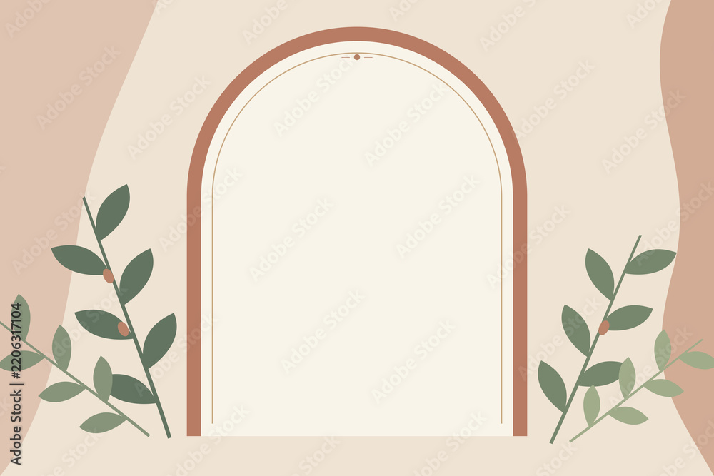 Fototapeta premium Terracotta botanical arch frame with olive branches and copy space