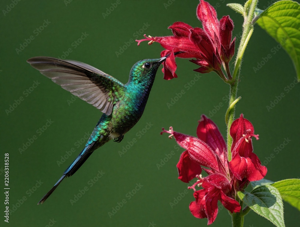 Obraz premium Iridescent green hummingbird hovers near red blossom. Small tropical bird feeds on nectar from bright flower in rainforest. Close up macro shot of avian wildlife in jungle habitat. Long tailed sylph