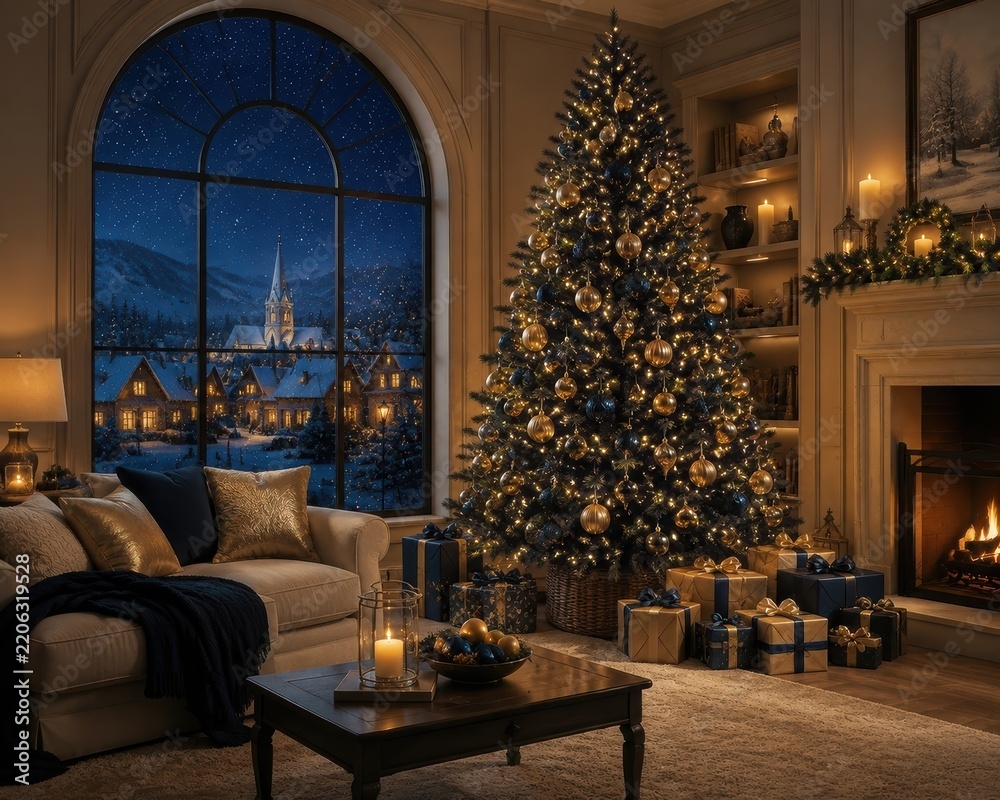 Fototapeta premium Cozy Christmas living room with glowing tree and snowy village