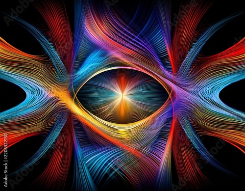abstract colorful shapes and lines on a black background creating a dynamic visual pattern